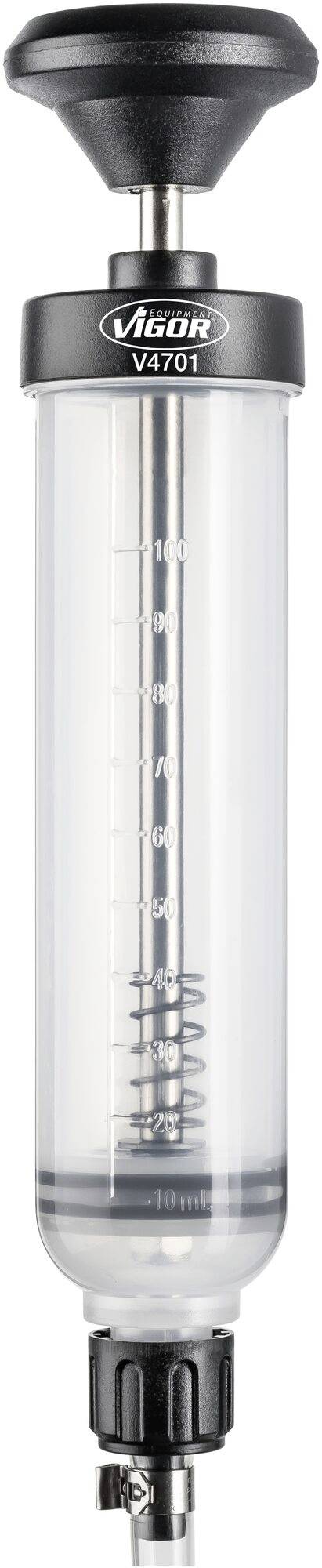 Una pompa manuale cilindrica trasparente con indicatore di volume e impugnatura nera in alto, probabilmente utilizzata per misurare o prelevare liquidi.