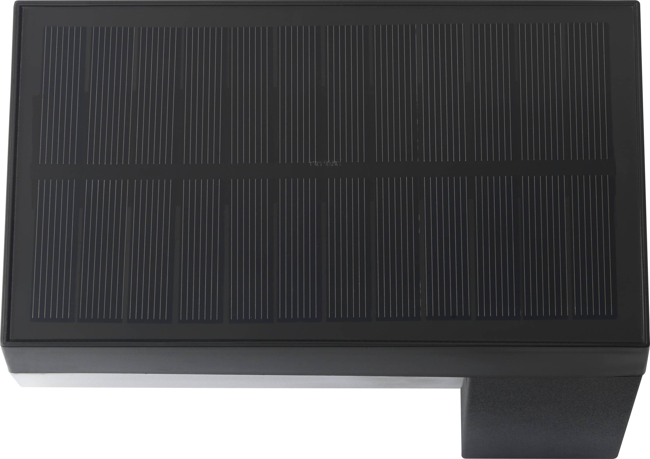 Luce LED solare nera in forma rettangolare con pannelli solari visibili nella parte superiore, ideale per l'illuminazione esterna.