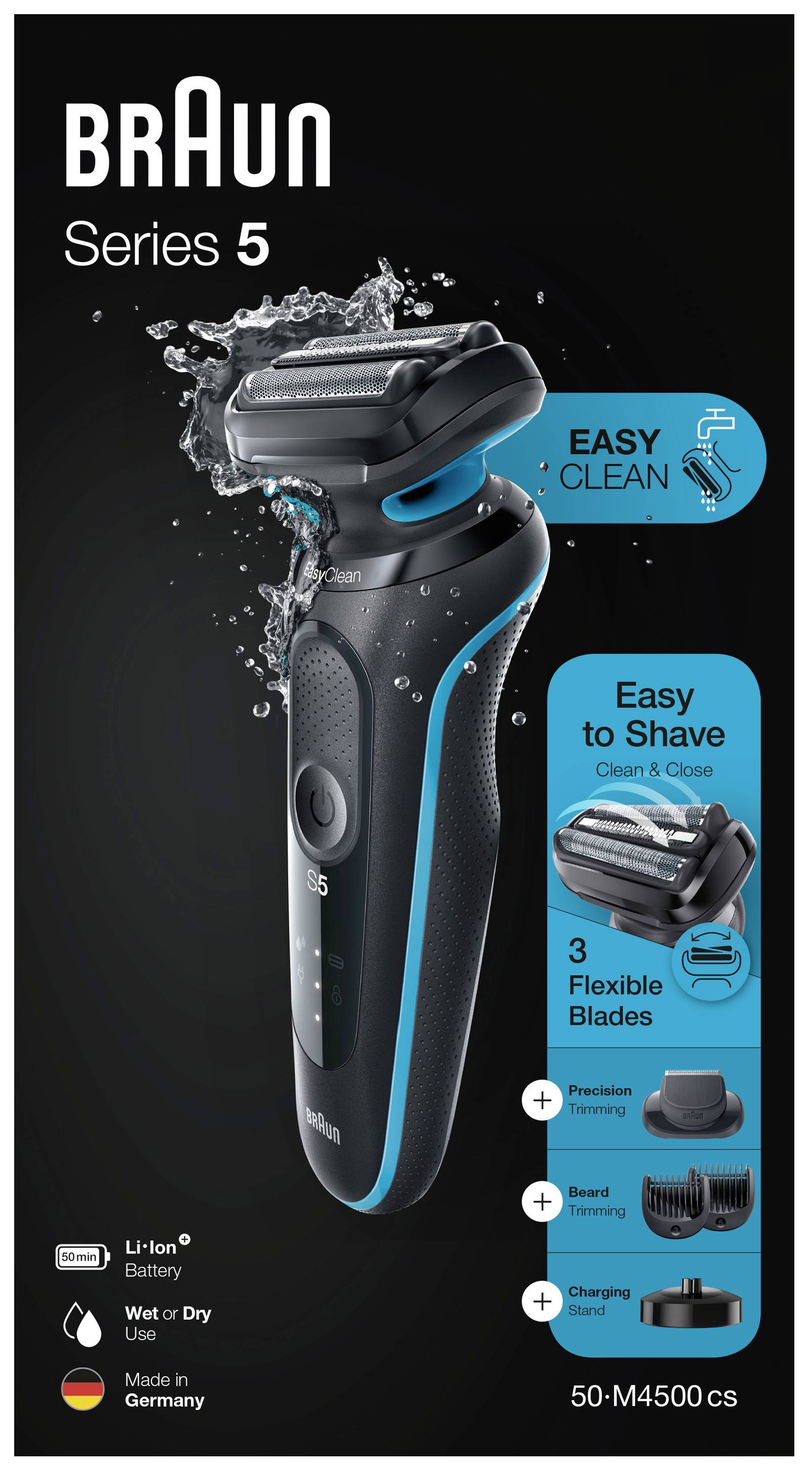 Braun Series 5 50-M4500cs Rasoio Elettrico Barba Con Base Di Ricarica, Regolabarba Uomo, Menta