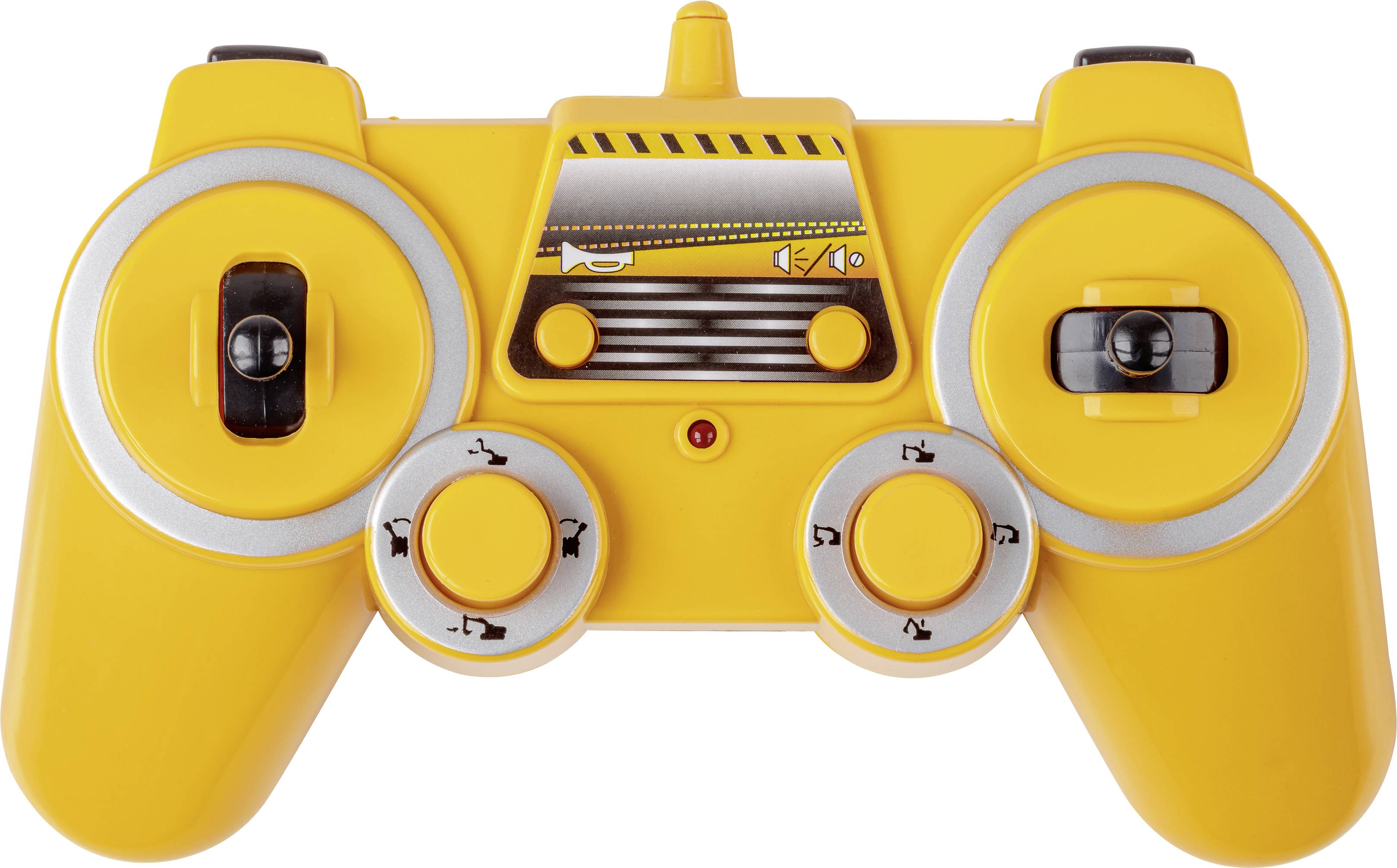 Un controller giocattolo giallo con levette nere e pulsanti argentati. Il design ricorda i veicoli da cantiere.