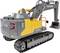 Un escavatore grigio e giallo con cingoli, con la scritta laterale 'VOLVO' e il numero di modello 'EC160E', è fermo su una superficie grigia.
