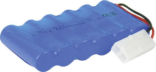 L'accumulatore Ni-Cd blu da 700mAh, 2,4V ha una superficie ondulata, cavi neri e rossi e un connettore bianco.
