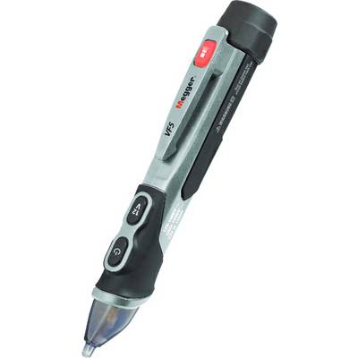 Un tester di tensione a penna grigio-nero con tasti e indicatore LED rosso, contrassegnato come 'Megger', per il controllo elettrico.