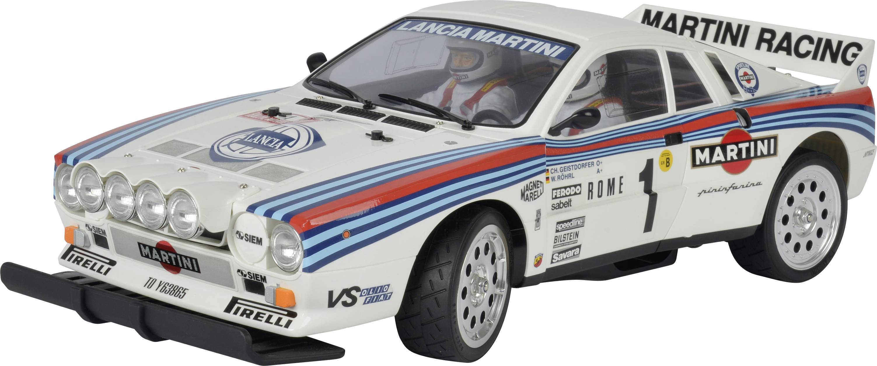 Modellino di un'auto da rally con design Martini Racing e logo Lancia. Numero di gara '1', carrozzeria bianca con strisce blu.
