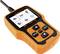Un dispositivo diagnostico OBDII/CAN di colore arancione con uno schermo che mostra diverse icone per le opzioni di scansione automobilistica.