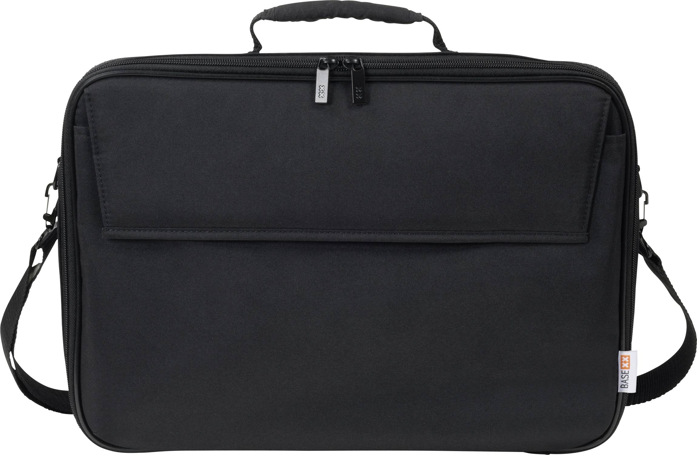 'Borsa per laptop nera con tracolla e manico. Cerniera superiore e tasca frontale aggiuntiva.'