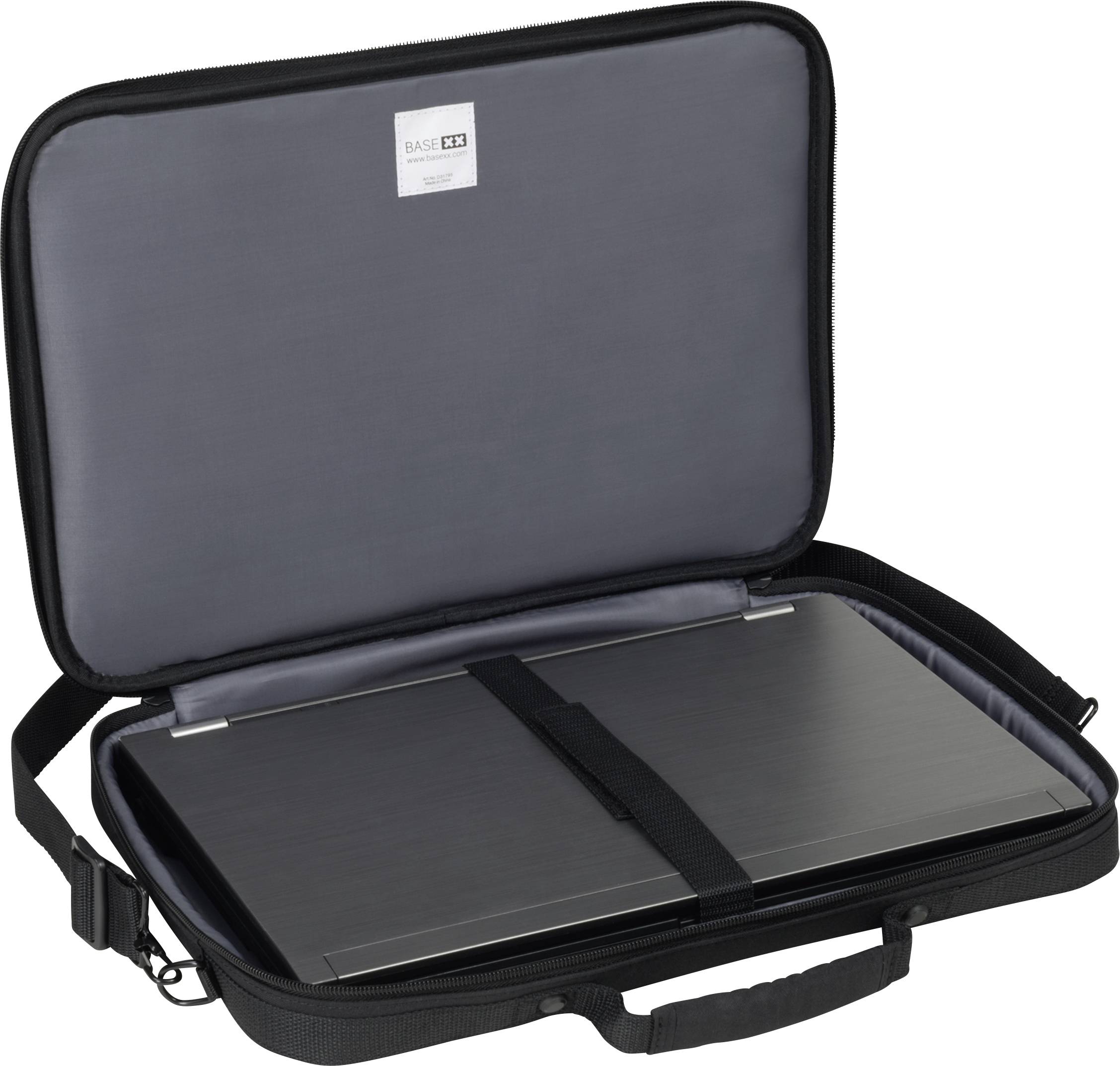 Borsa per laptop aperta con fodera interna grigia, mostra un laptop assicurato da un cinturino. La borsa ha una tracolla e un manico.