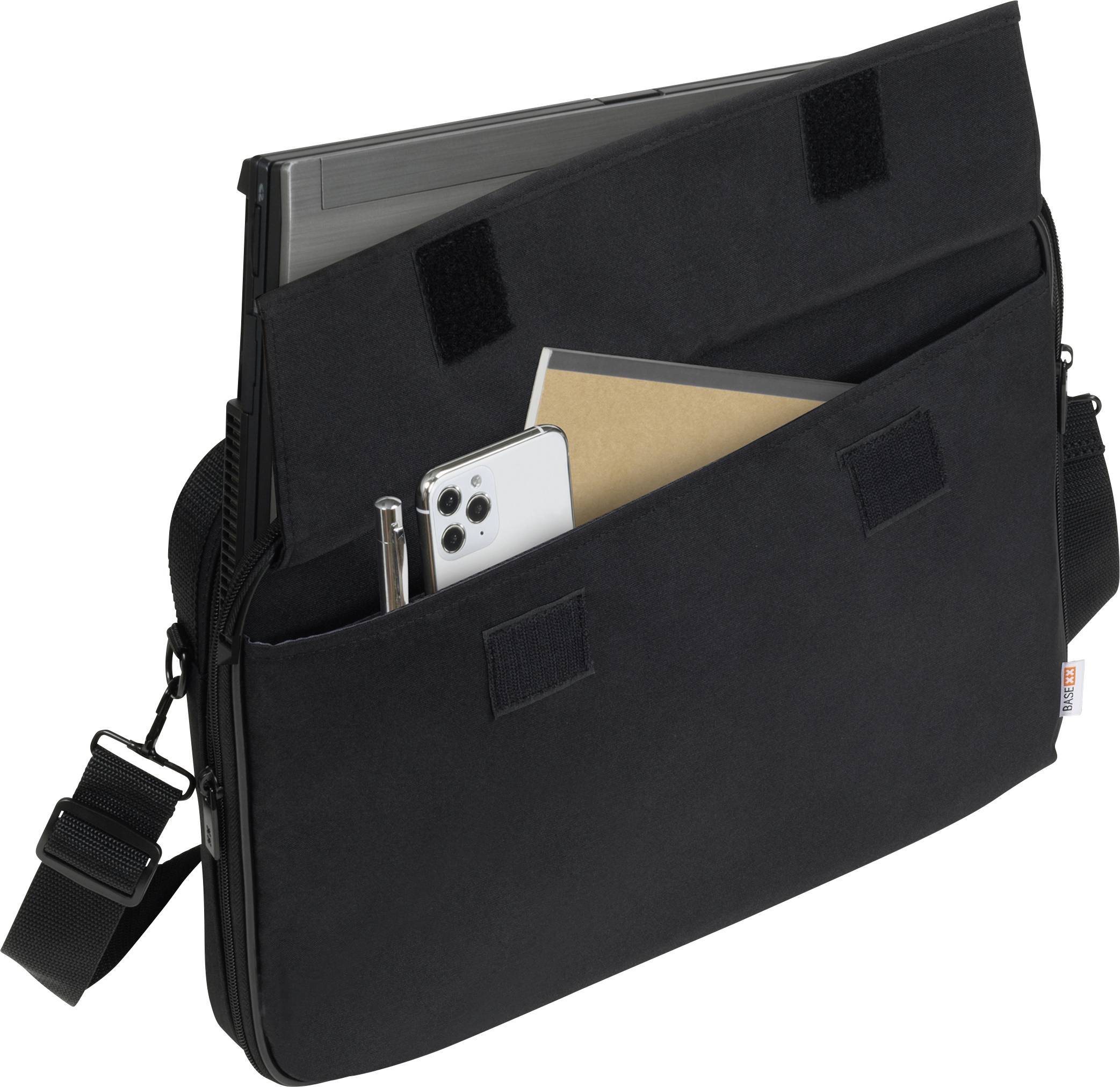 Borsa a tracolla nera con scomparto aperto, all'interno del quale sono visibili un laptop, uno smartphone e un quaderno.