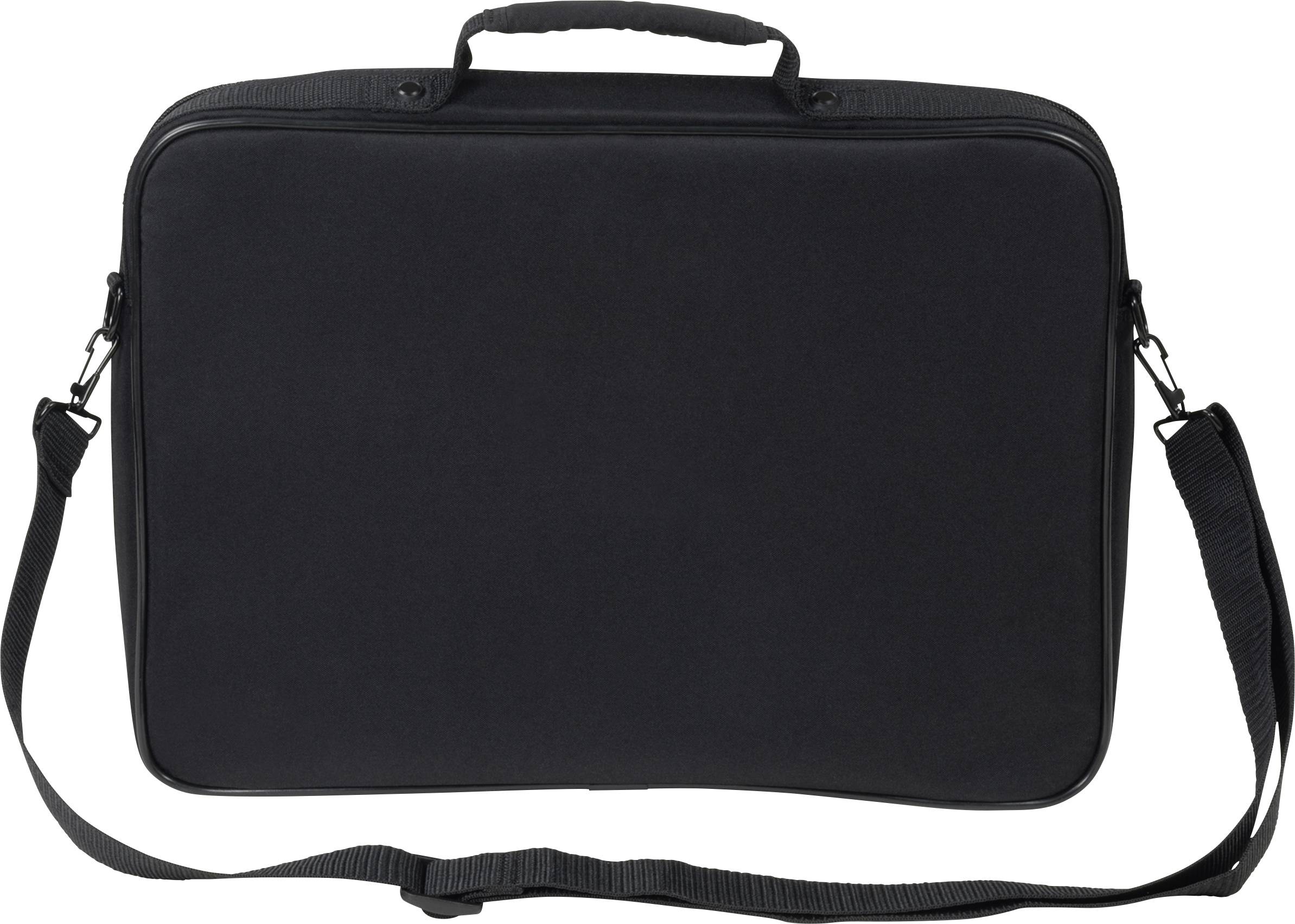 Una borsa nera per laptop con manico e tracolla removibile, adatta al trasporto di laptop e accessori.