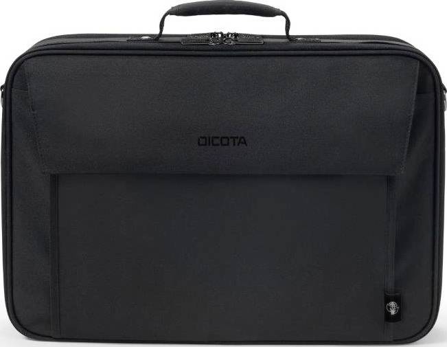 Borsa per laptop nera con un manico in alto e una chiusura lampo. Davanti è presente una tasca.