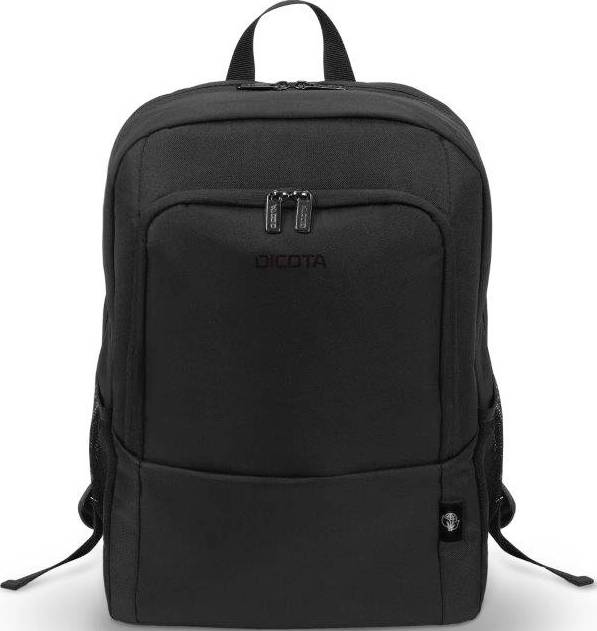 Uno zaino nero con diversi scomparti con zip e un manico sulla parte superiore.