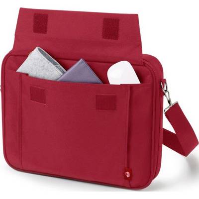 Borsa a tracolla rossa con diversi scomparti, parzialmente riempita con oggetti come una cartellina e un dispositivo.