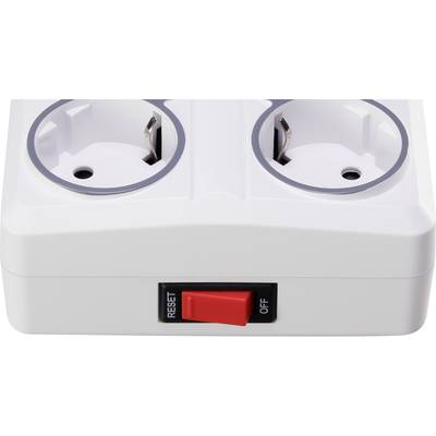 Multipresa elettrica con due prese e un interruttore rosso, contrassegnato con 'RESET' e 'OFF'.