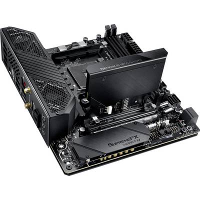 Scheda madre nera per computer con etichette 'Republic of Gamers' e 'SupremeFX Impact IV'. Contiene diversi connettori e chip specifici.