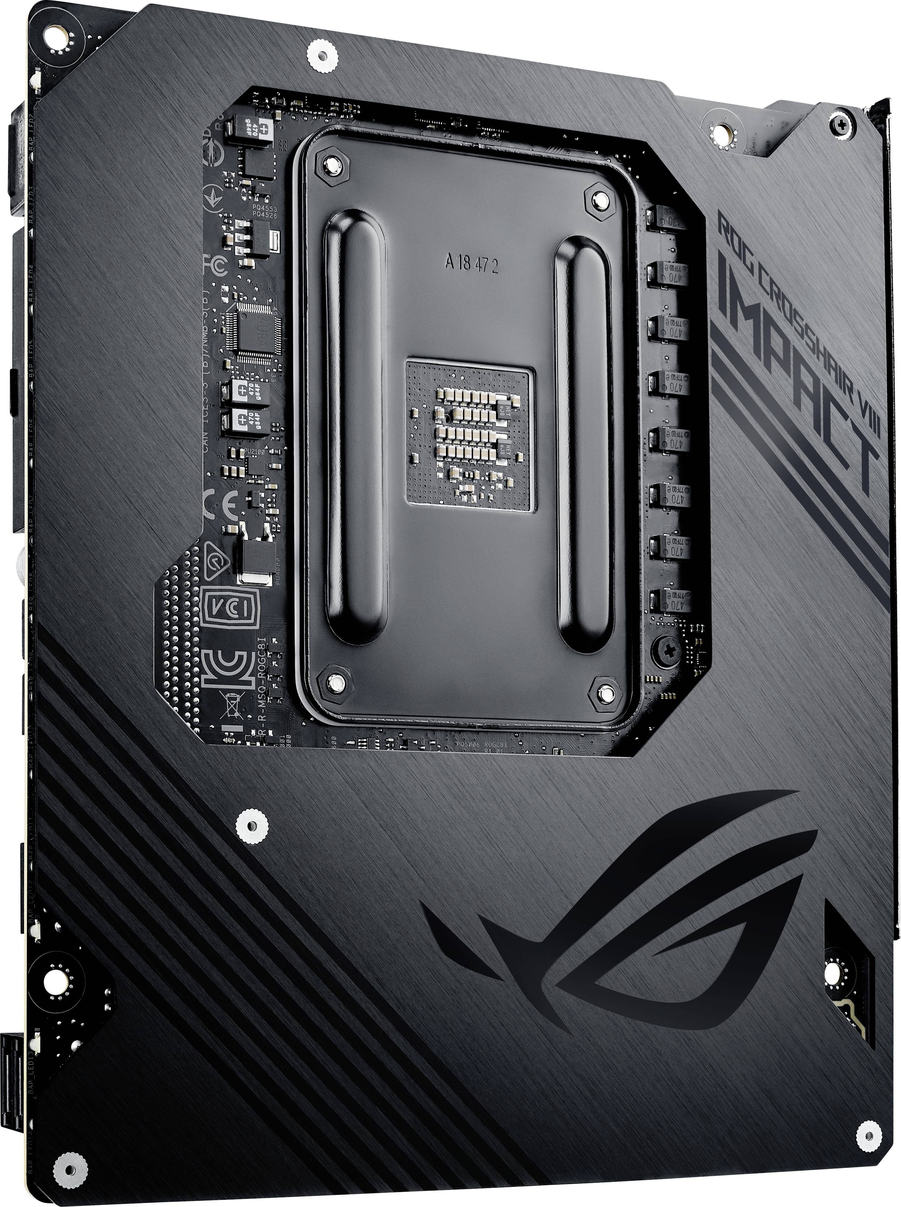 Una scheda madre nera con un supporto centrale rettangolare in metallo e componenti elettronici, con il logo ROG.