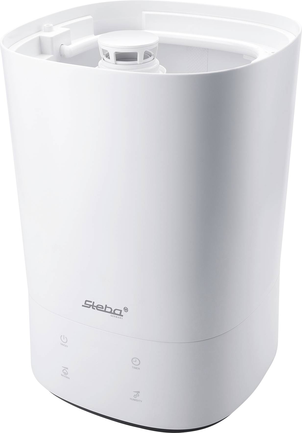 Umidificatore per ambienti di design moderno e snello, con involucro bianco, capacità adatta per locali di medie dimensioni, con comandi semplici e intuitivi.
