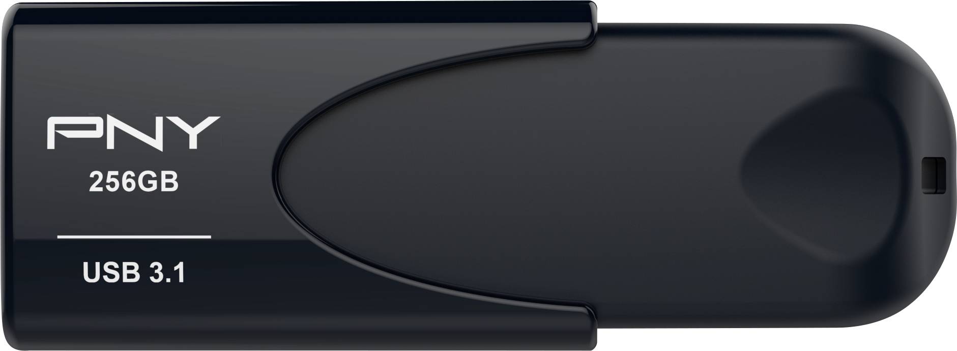 Chiavetta USB nera con stampato 'PNY 256GB USB 3.1'. Ideale per l'archiviazione e il trasferimento rapido dei dati.