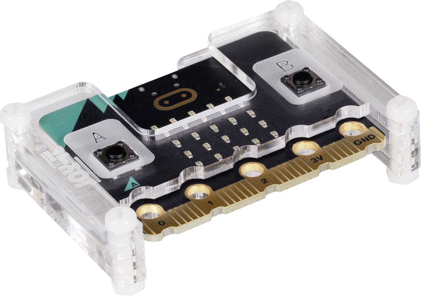 Un piccolo microcontrollore con due pulsanti, 'A' e 'B', nonché LED e connettori. Integrato in un involucro trasparente.