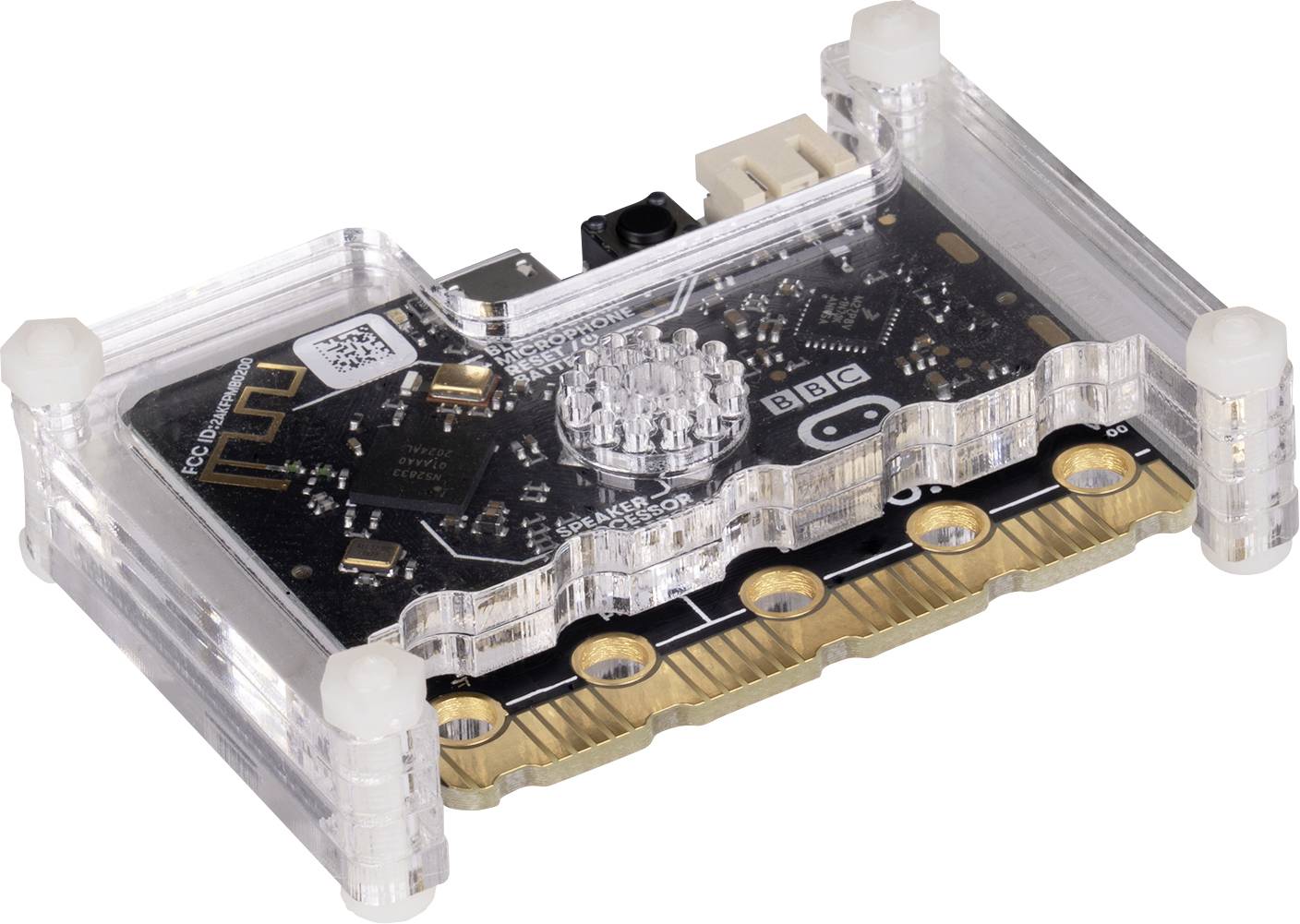 Scheda microcontroller BBC micro:bit in custodia trasparente, con connettori visibili per l'alimentazione e la trasmissione dati.