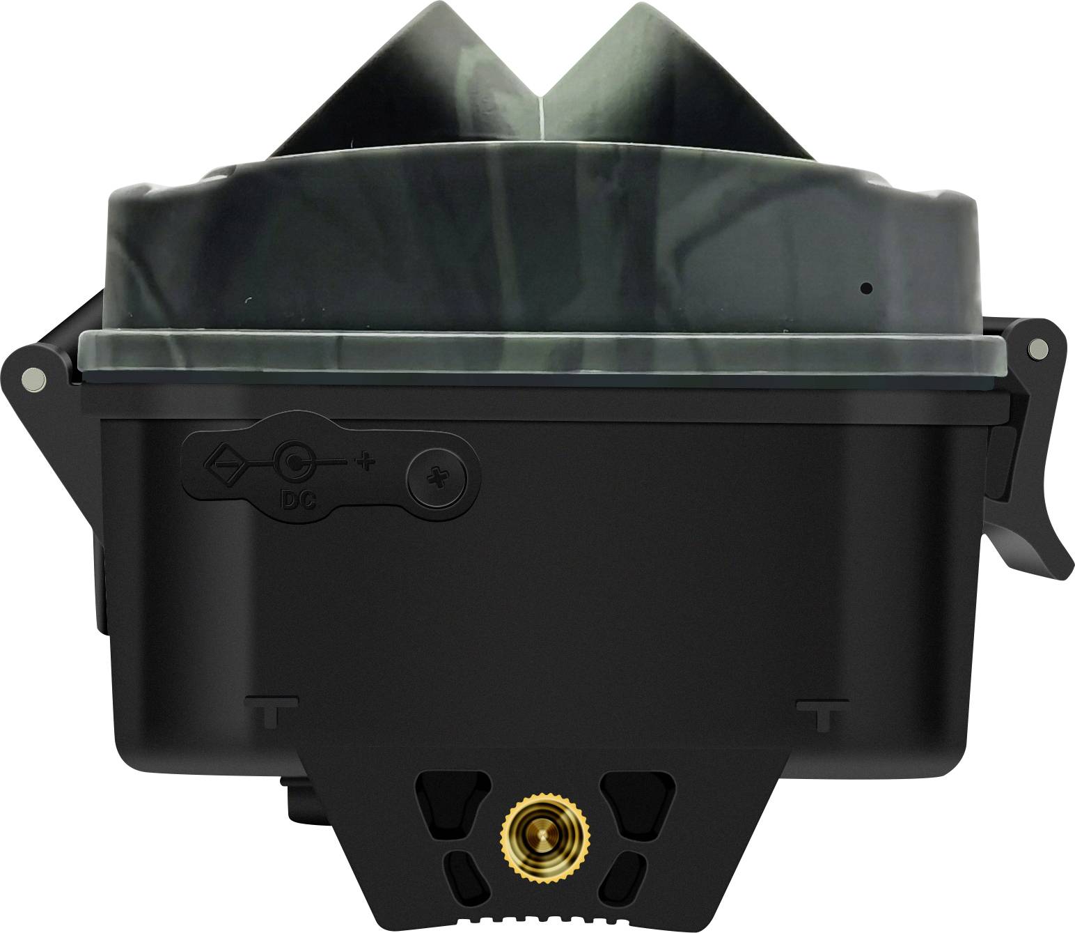 Un meccanismo nero, rettangolare, con connettore dorato e ventilazione frontale nella parte superiore; apparentemente un componente di un sistema veicolare.