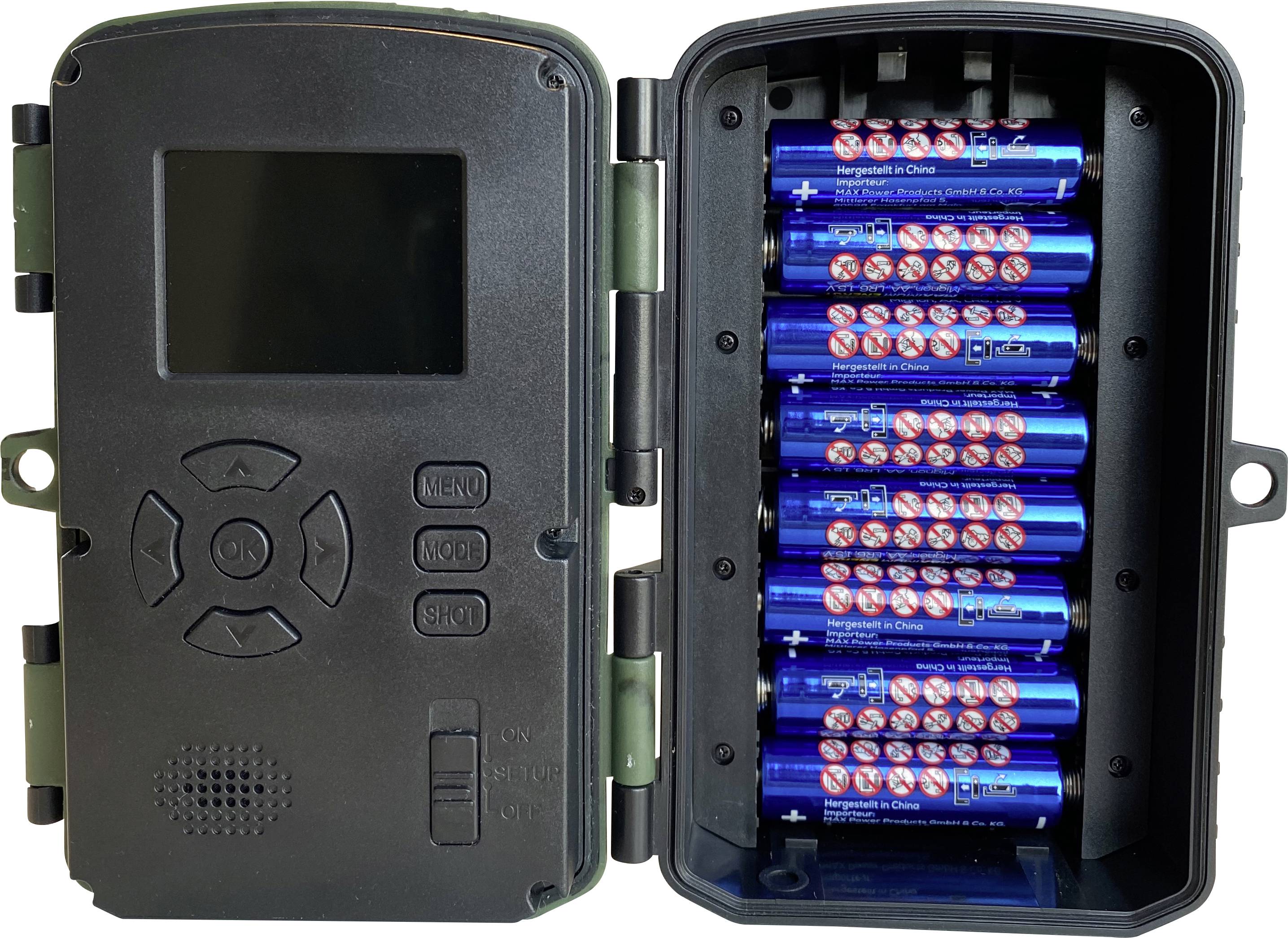 'Telecamera di sorveglianza aperta con uno scomparto per otto batterie AA.'