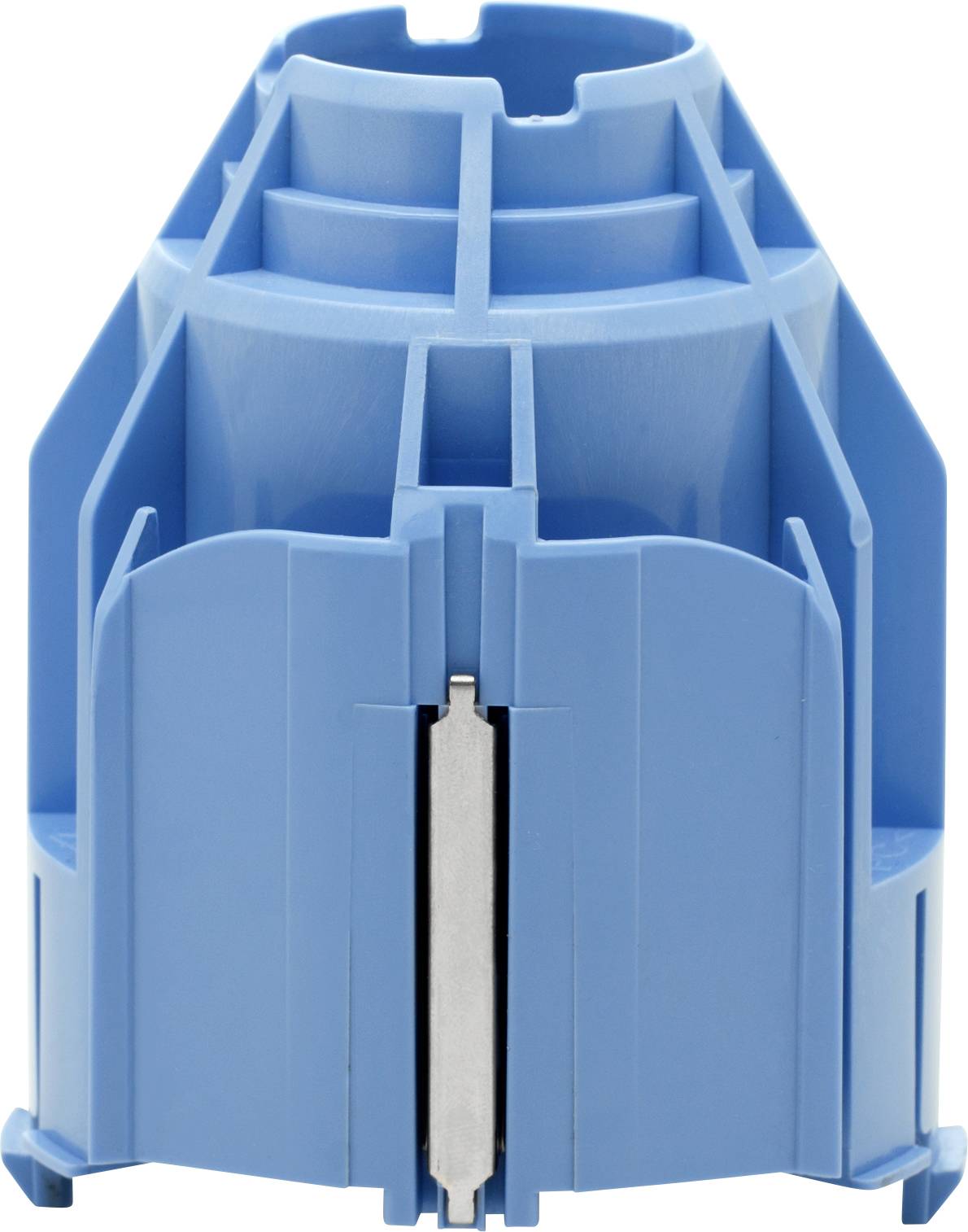 Un tassello blu in plastica con un sottile inserto metallico al centro, utilizzato per fissare oggetti in materiali come calcestruzzo o cartongesso.