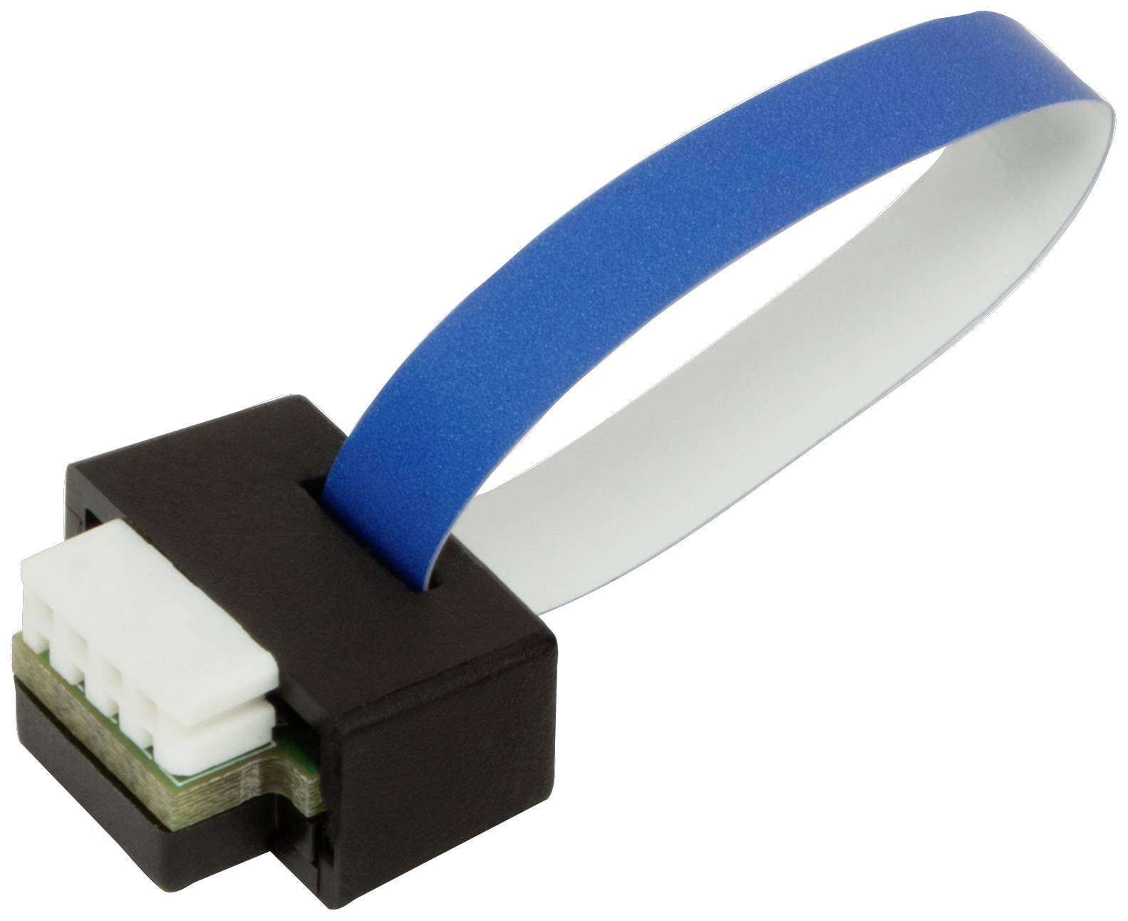 Un connettore elettrico con cavo piatto blu inserito in un attacco rettangolare bianco.