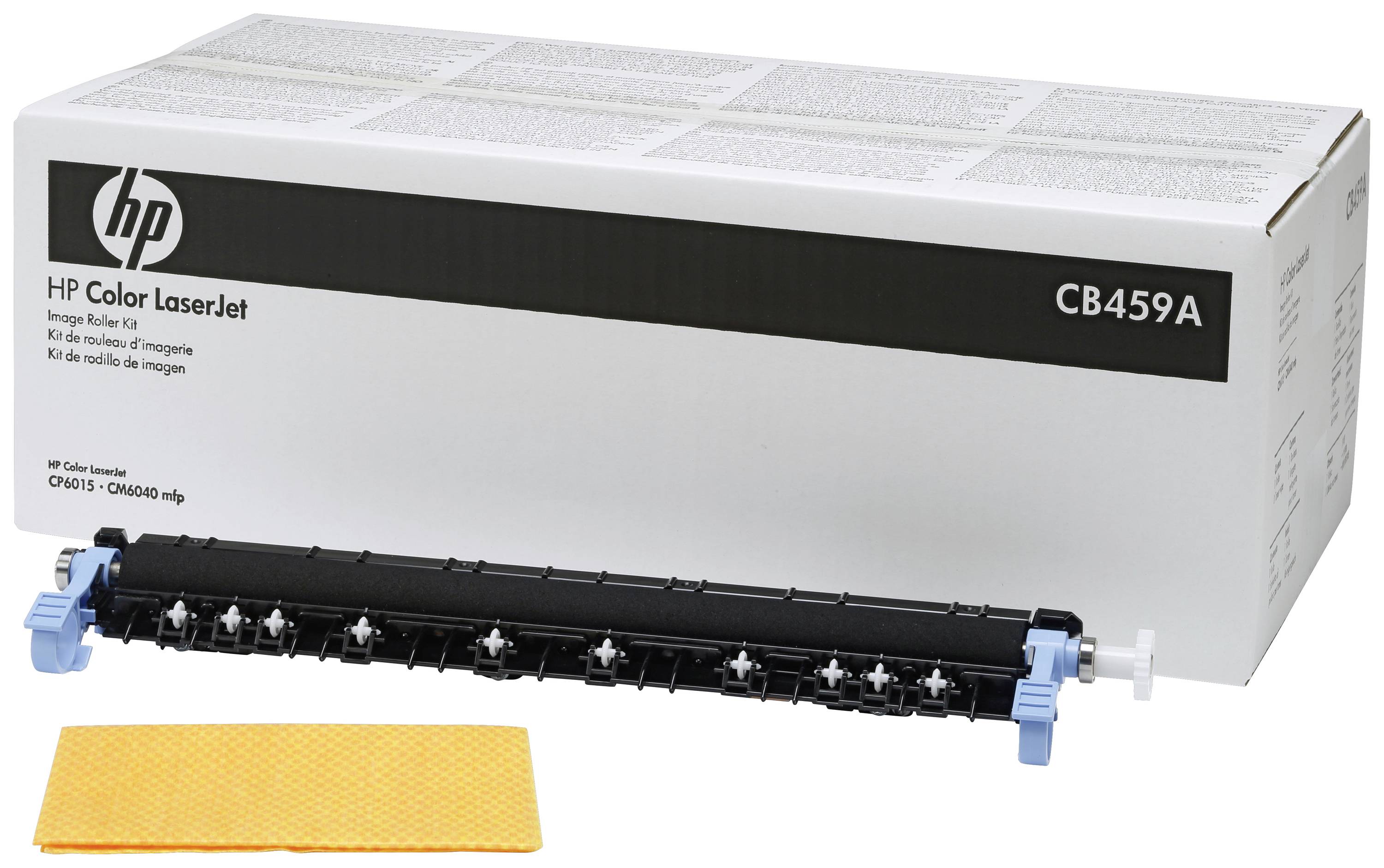 HP Color LaserJet Unità di Fissaggio CB459A davanti a un imballaggio. In basso a sinistra è posizionato un pad di pulizia giallo.