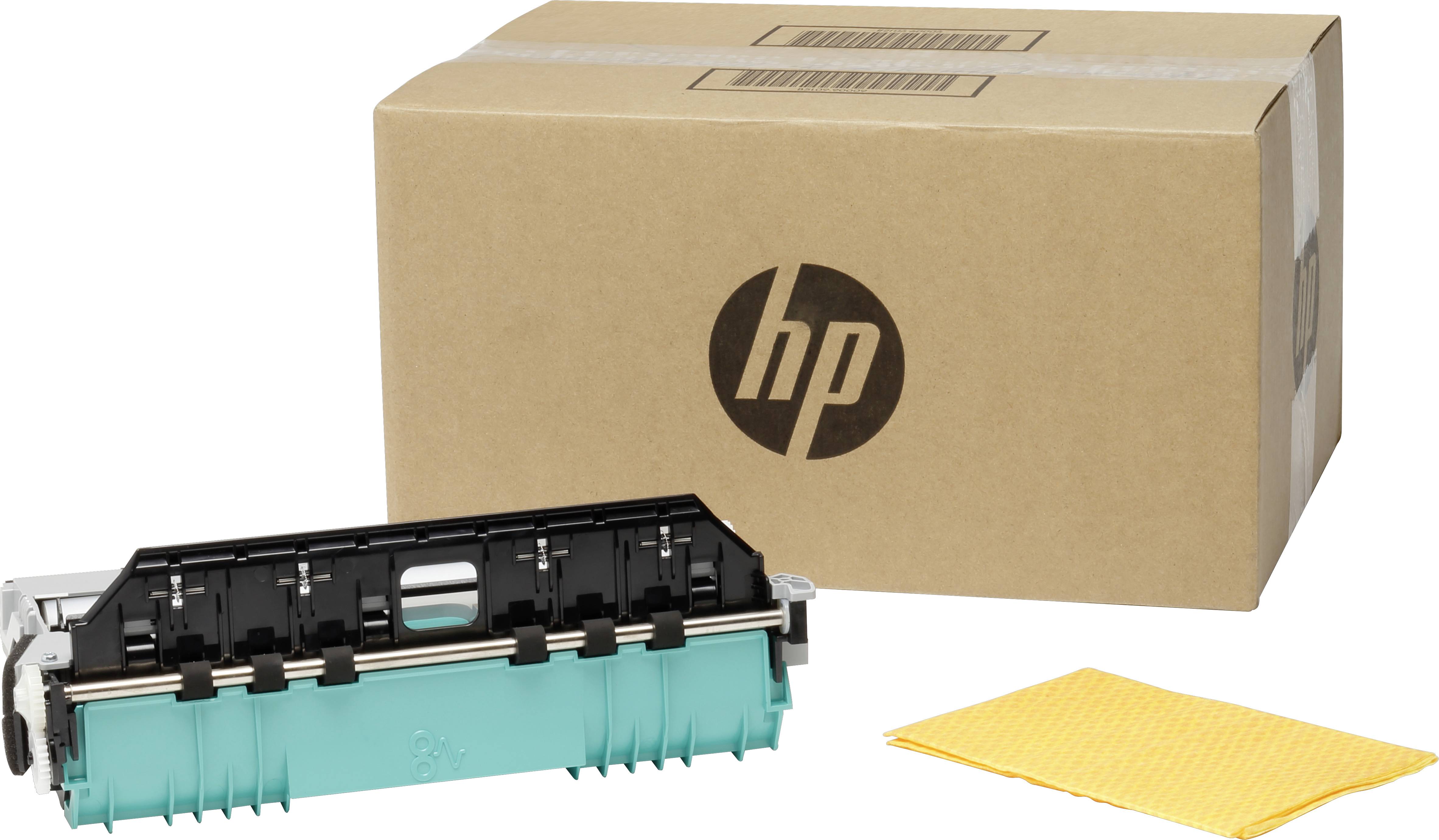 'Tamburo della stampante e scatola con il logo HP su sfondo marrone, accanto a un panno giallo per la pulizia. Accessori per la manutenzione della stampante.'