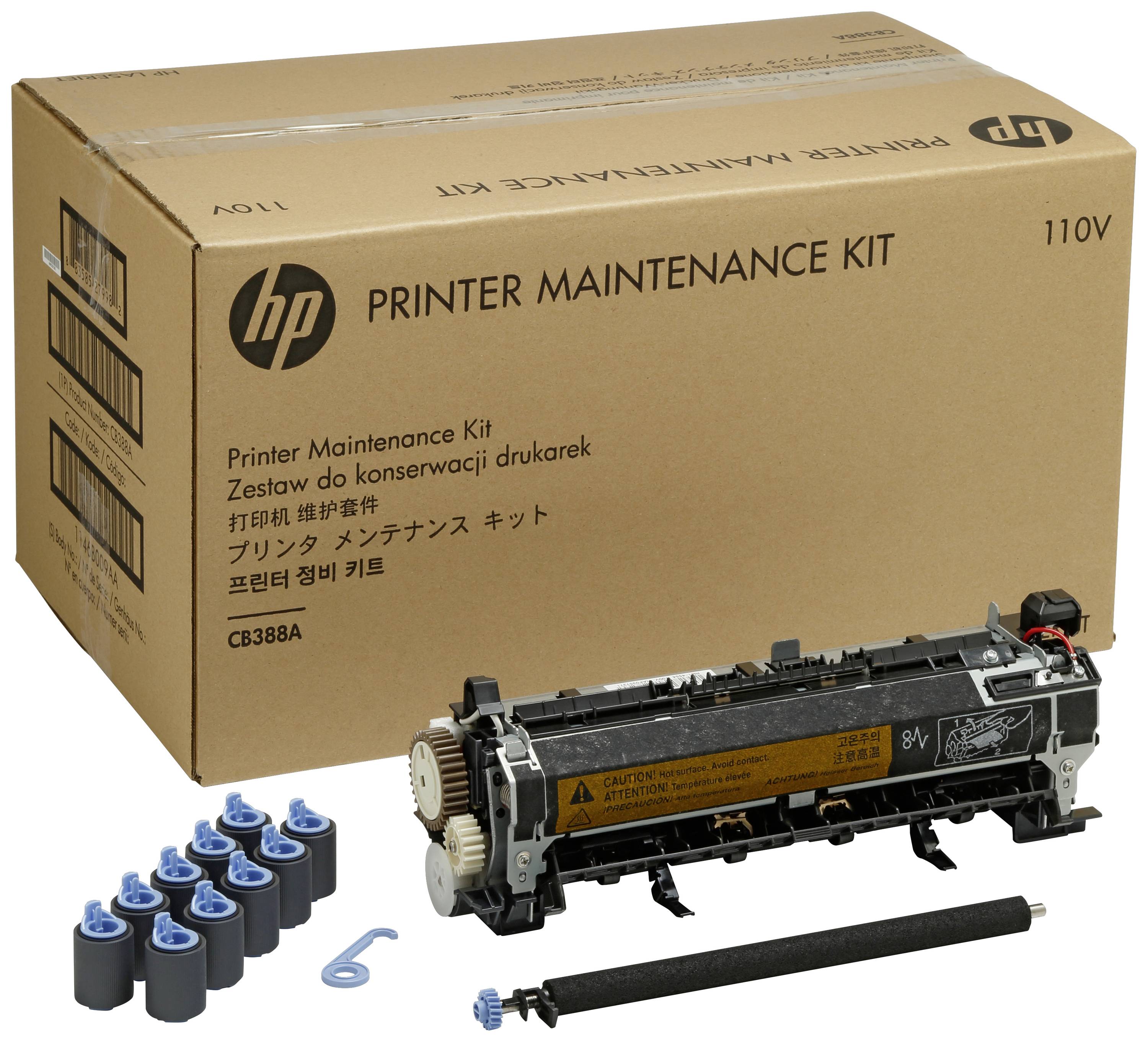 Un kit di manutenzione per stampanti composto da una scatola, diversi rulli e un dispositivo di fusione. Contrassegnato con 'Kit di manutenzione stampante'.