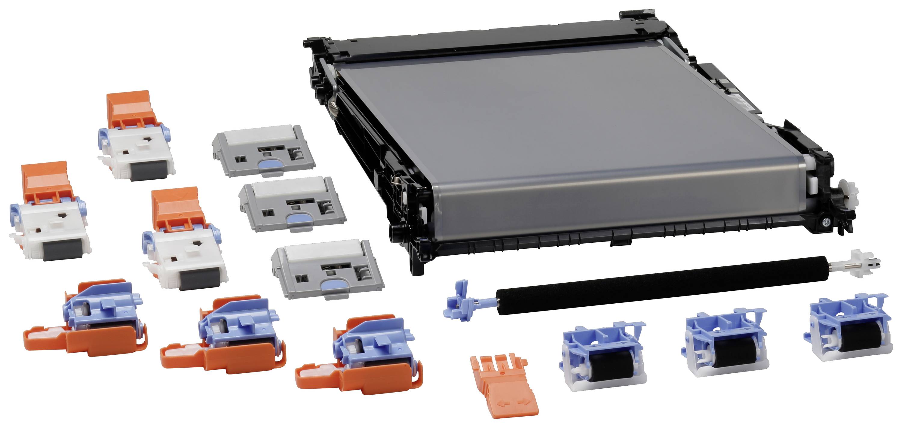 'Kit per dispositivo elettronico con diversi componenti in plastica di colore arancione, blu e grigio, oltre a un rullo nero e un modulo rettangolare.'