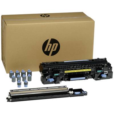 Scatola di cartone con logo 'HP' sullo sfondo. In primo piano un set di parti per stampante con rulli e un componente più grande.