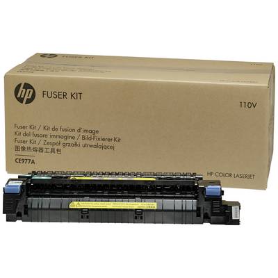 Un kit fissaggio immagine HP Color LaserJet CE977A, 110V, davanti a una confezione marrone con informazioni di prodotto in più lingue.