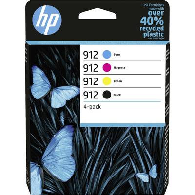 Cartucce d'inchiostro HP confezione da 4: Ciano, Magenta, Giallo, Nero. Confezione con farfalle blu, realizzata con il 40% di plastica riciclata.