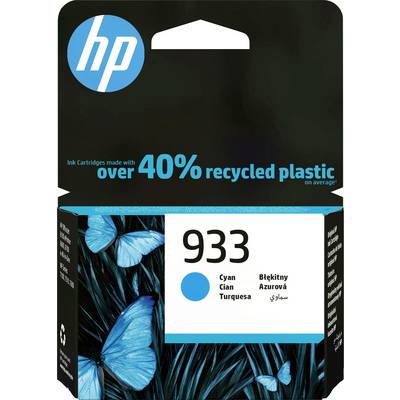 'Cartuccia d'inchiostro HP 933 in Ciano. Confezione con farfalle blu su sfondo nero con indicazione del 40% di plastica riciclata.'