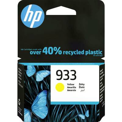 Cartuccia d'inchiostro HP, modello 933 in giallo. Confezione realizzata con oltre il 40% di plastica riciclata. Sullo sfondo farfalle blu.