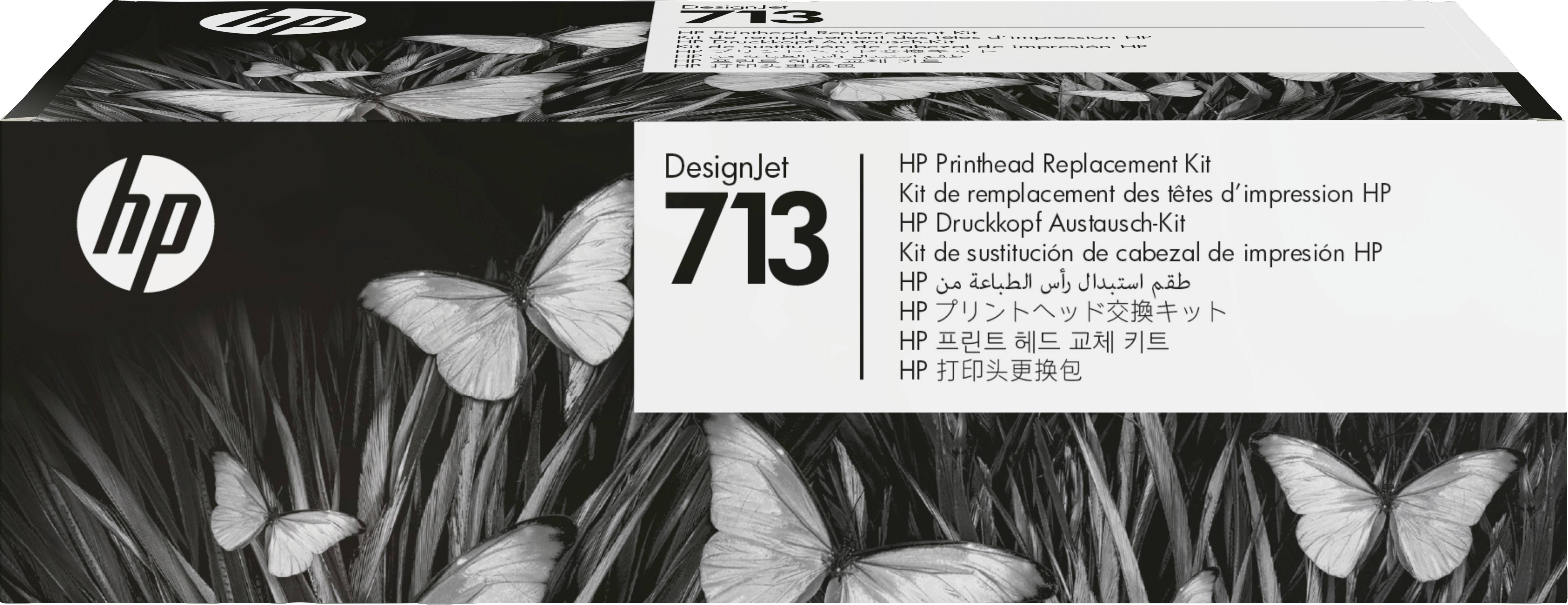 Kit sostitutivo testina di stampa HP 713, design della confezione con grafica a farfalla. Testo della confezione in più lingue.