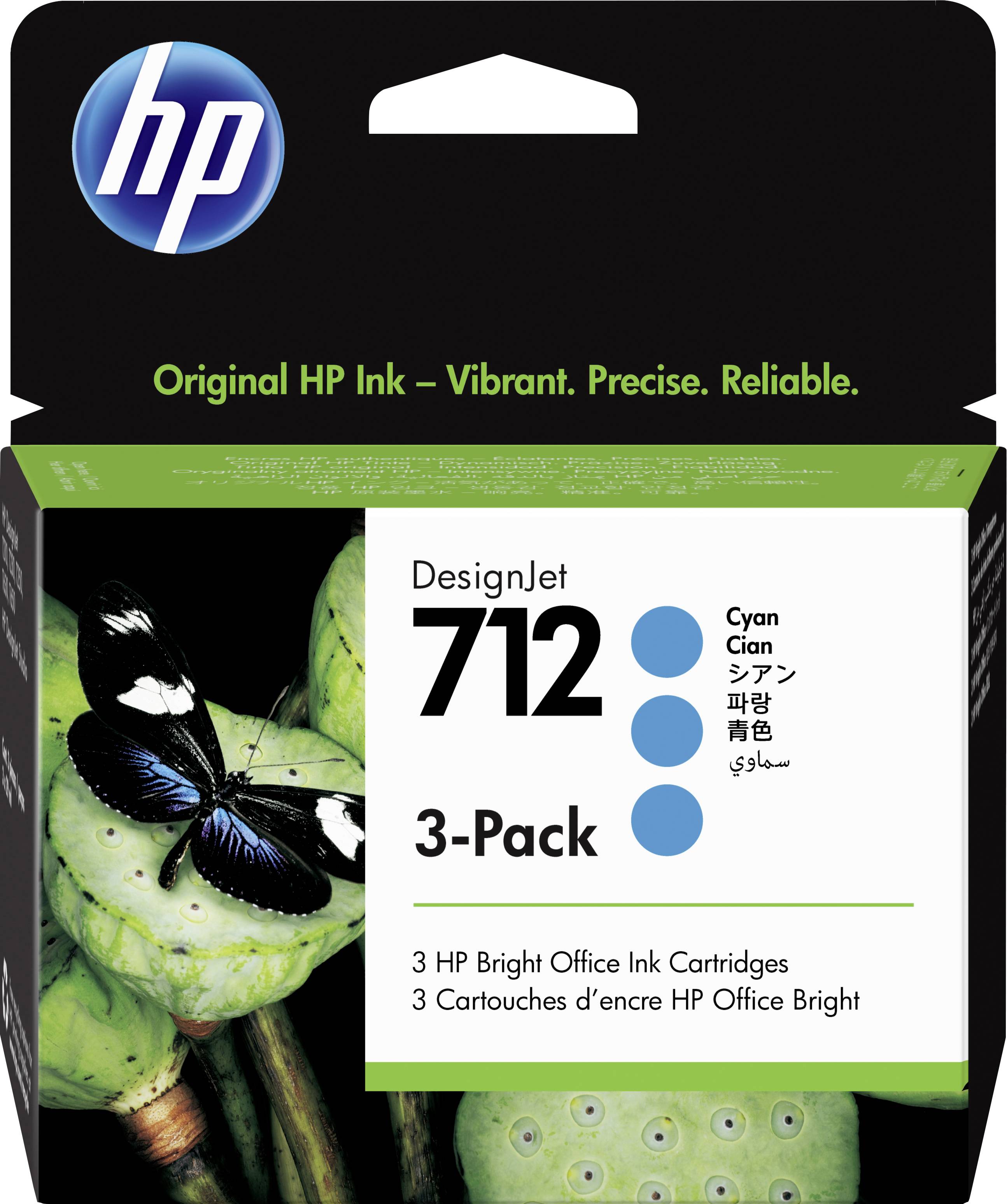 'Cartucce d'inchiostro HP DesignJet 712 confezione da 3, Ciano. Immagine di una farfalla blu su foglie verdi. Inchiostro originale HP.'