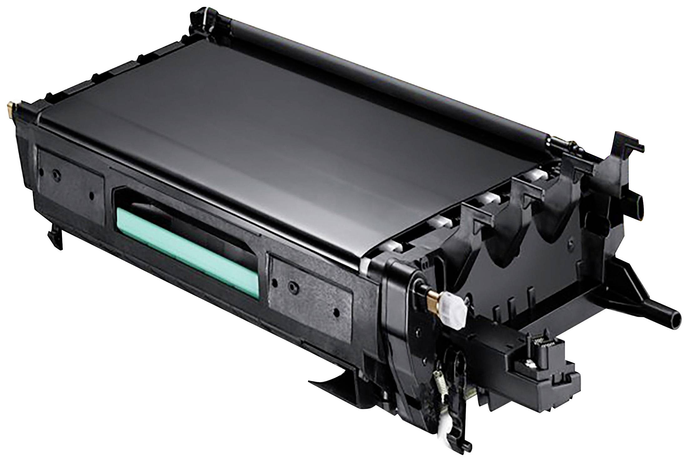 Un toner nero per stampanti laser, di forma rettangolare, con componenti di connessione e tamburo verde visibile sul lato.