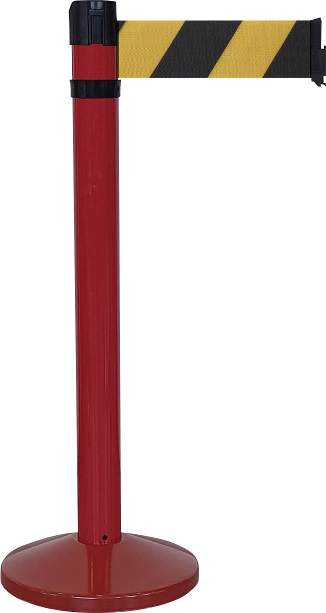 Paletto di delimitazione rosso con nastro estensibile giallo e nero, tipicamente utilizzato per limitare l'accesso in aree pubbliche.