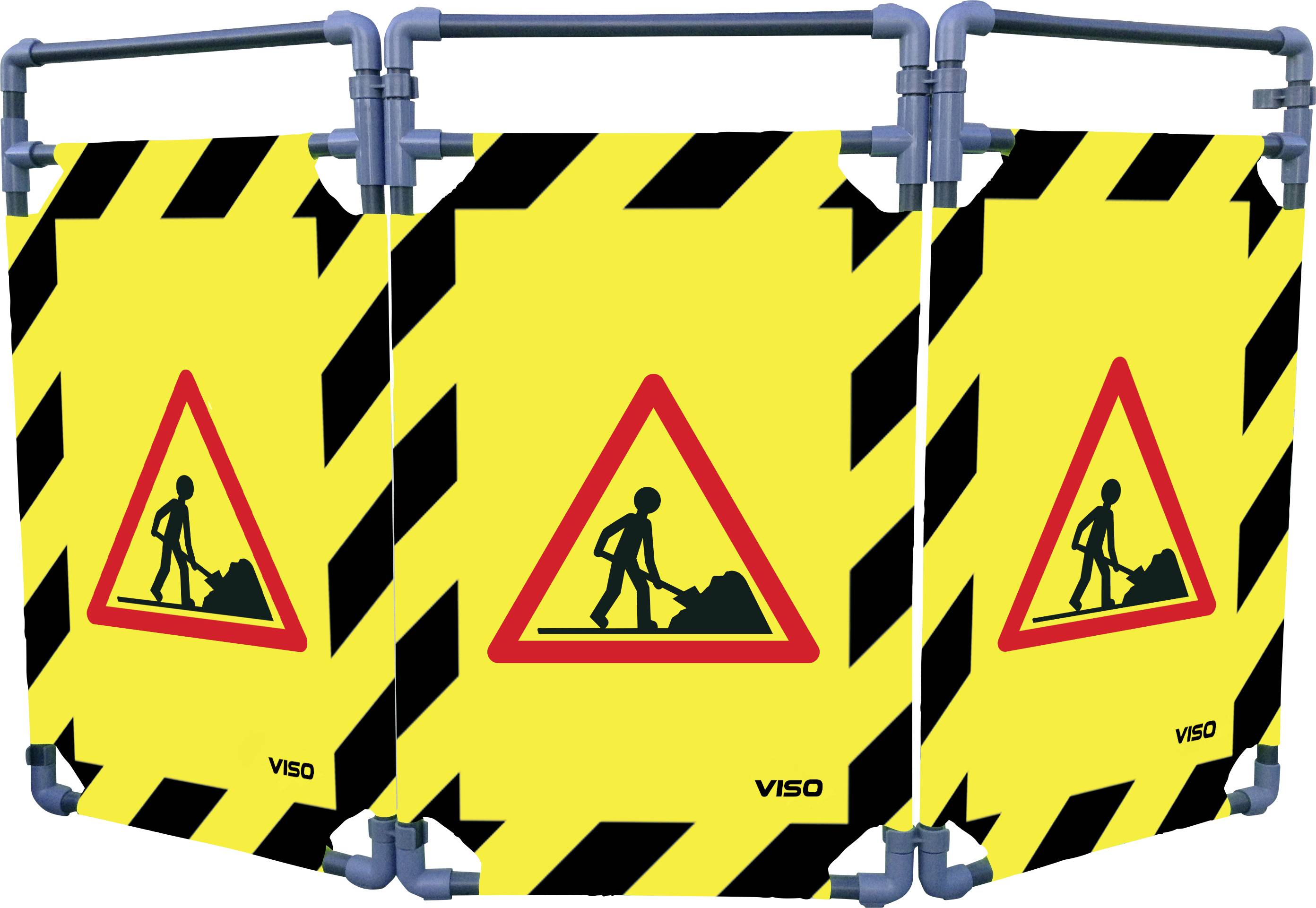 Cartello di avvertimento giallo con un triangolo rosso e nero che mostra una persona al lavoro in un cantiere stradale. Bordi a strisce nere.