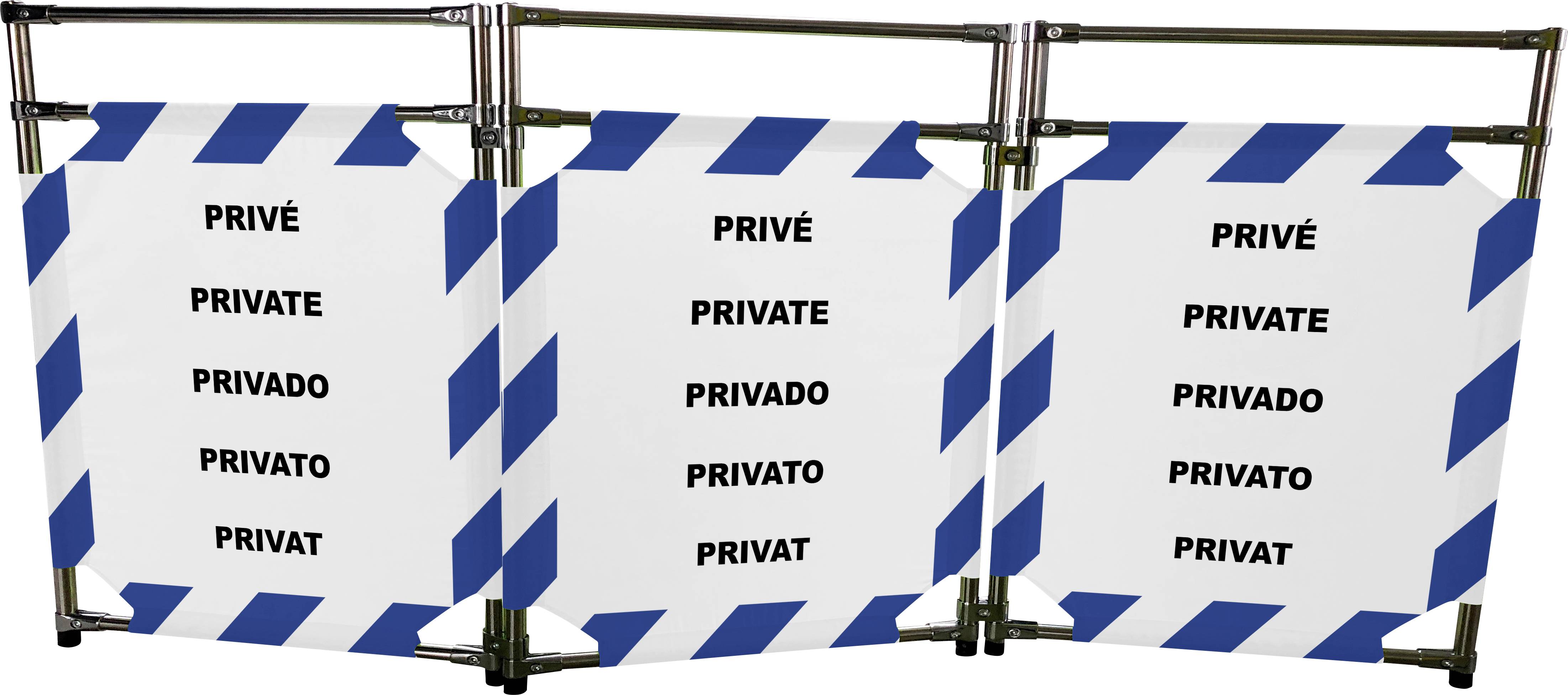 Schermo di protezione bianco con strisce blu e ripetute scritte 'PRIVÉ', 'PRIVATE', 'PRIVADO', 'PRIVATO', 'PRIVAT'. Indicatore di zona privata.