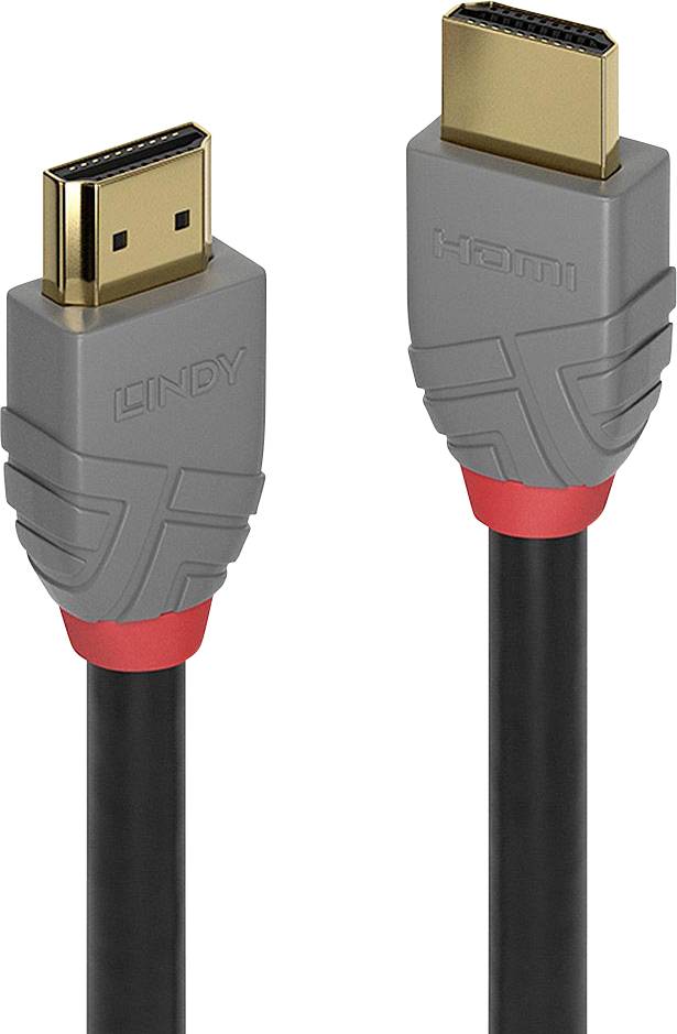Cavo HDMI grigio con marcature rosse e connettori dorati. Ideale per il collegamento di dispositivi multimediali.