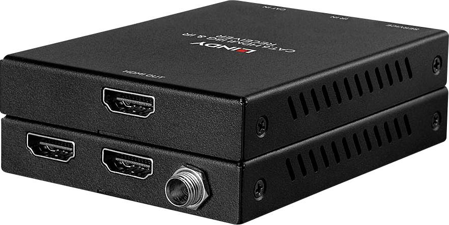 Un estensore HDMI digitale nero impilato composto da due dispositivi rettangolari con molteplici porte HDMI e un connettore SMA.