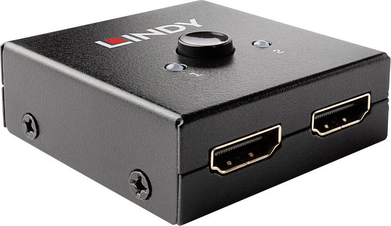 Commutatore HDMI nero con due ingressi, un pulsante di selezione e un indicatore LED. Marchio 'Lindy' in alto a sinistra.
