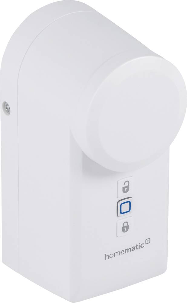 Un dispositivo elettronico bianco per serratura con tasti 'Apri', 'Chiudi' e un tasto di connessione blu; nome del marchio in basso.