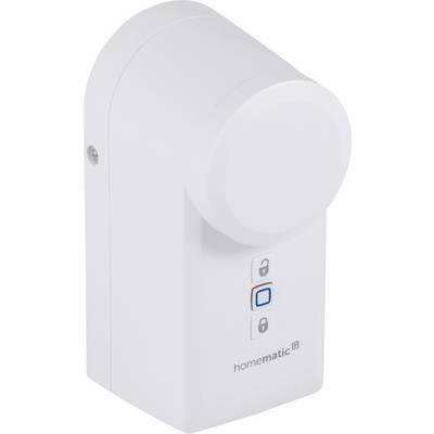 Un dispositivo elettronico bianco per serratura con tasti 'Apri', 'Chiudi' e un tasto di connessione blu; nome del marchio in basso.