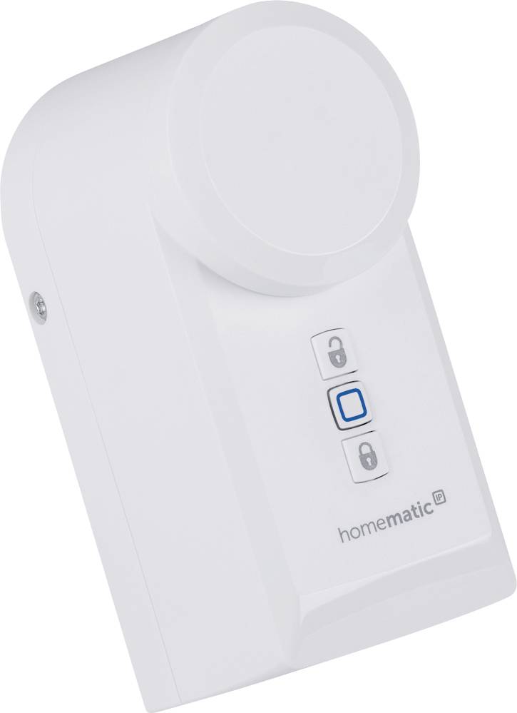 Un dispositivo bianco e rettangolare con tre pulsanti; due con simboli di lucchetto, uno con un quadrato blu. Marca: 'homematic'.