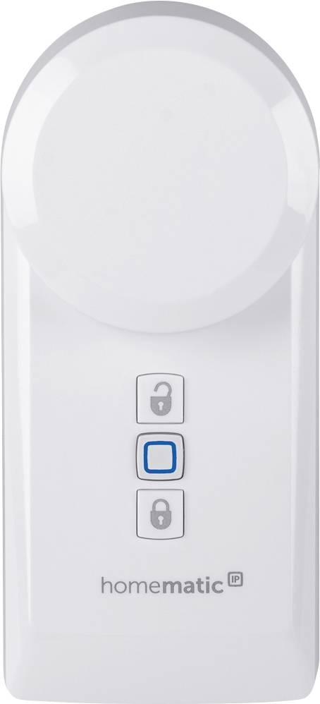 Un dispositivo bianco con tre pulsanti, il cui pulsante superiore mostra un simbolo di lucchetto. Sotto è riportato 'homematic IP', un nome aziendale.