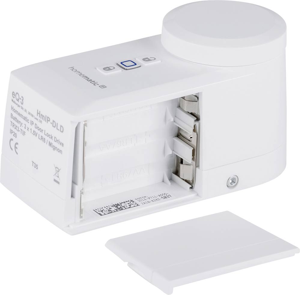 Dispositivo elettronico bianco, rettangolare, con vano batterie aperto, dotato di un tasto e una spia LED. Il coperchio delle batterie è posizionato accanto.